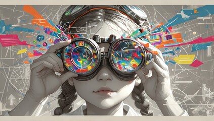 Young girl with goggles, array of colorful symbols on her head, holding up binoculars. The background is grey with splashes of vibrant colors representing creativity and imagination - obrazy, fototapety, plakaty