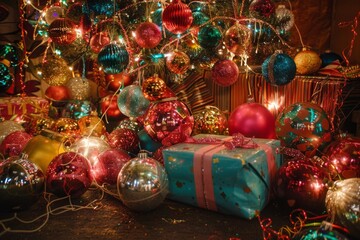 Brightly colored ornaments and presents are scattered around a christmas tree. Holiday background. 