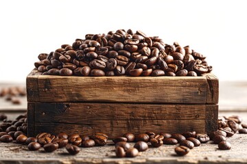 A close-up shot of a pile of freshly roasted coffee beans contained in a wooden box