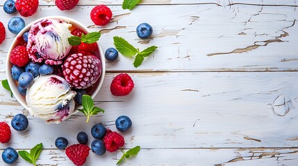 ice cream with raspberries and blueberries on white wood background
