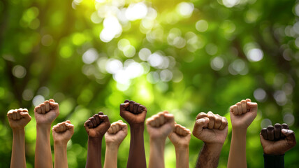 Multiethnic people raising their fists in protest or revolution on green nature background. - obrazy, fototapety, plakaty