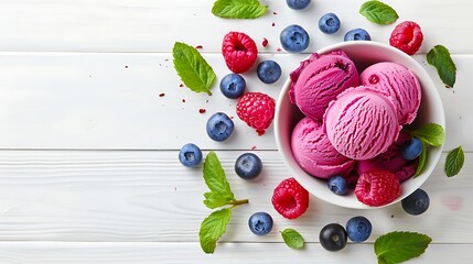 ice cream with raspberries and blueberries on white wood background