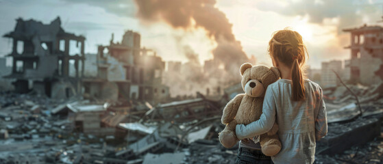 Kids holding teddy bear over city burned destruction 