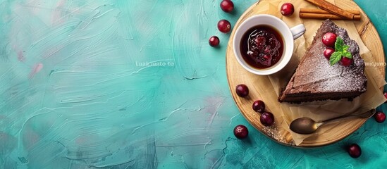 Coffee and chocolate cake placed on a wooden board with cranberry jam and cinnamon, set against a...