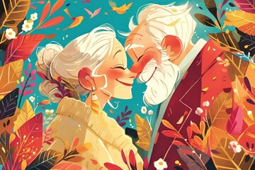 An elderly couple is depicted in the style of paper cut art, surrounded by colorful leaves and birds in the sky, with a soft pastel background. T