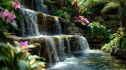 Obraz premium Idyllic Garden Waterfall with Lush Flowers
