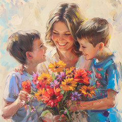 Mother Embracing Sons, Vibrant Floral Bouquet, Loving Family Moment