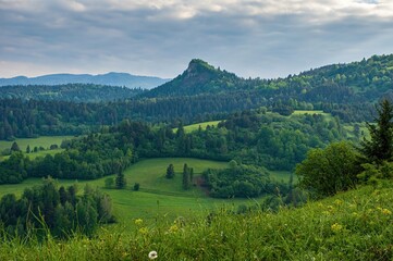 Green mountain landscape.View on Pieniny and Gorce mountain range in Beskids in Poland. Pieniny...