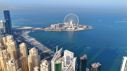 Aerial view of Dubai Marina. Dubai Marina is an affluent residential neighborhood known for The Beach at JBR.	 - 789246689