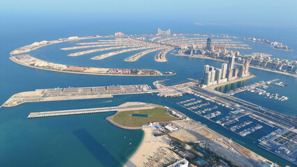Aerial view of Dubai Marina. Dubai Marina is an affluent residential neighborhood known for The Beach at JBR.	 - 789246694