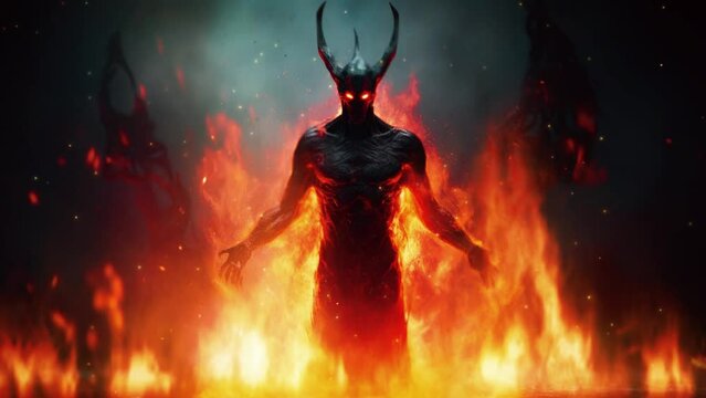 Demon surrounded by fire in hell. Dramatic and scary loop animation.
