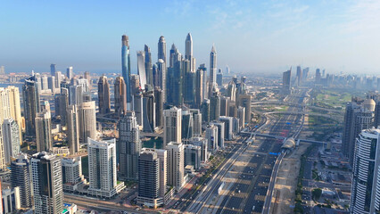 Aerial view of Dubai Marina. Dubai Marina is an affluent residential neighborhood known for The Beach at JBR.	 - 789246806