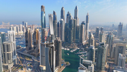 Aerial view of Dubai Marina. Dubai Marina is an affluent residential neighborhood known for The Beach at JBR.	 - 789246816