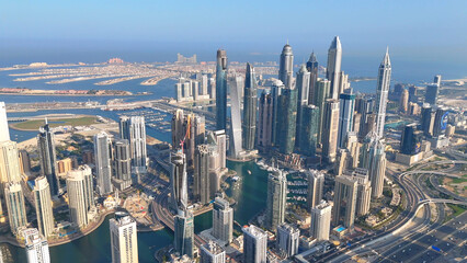 Aerial view of Dubai Marina. Dubai Marina is an affluent residential neighborhood known for The Beach at JBR.	 - 789246847
