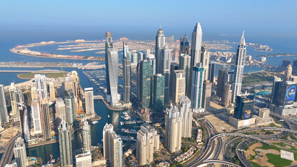 Aerial view of Dubai Marina. Dubai Marina is an affluent residential neighborhood known for The Beach at JBR.	 - 789246848