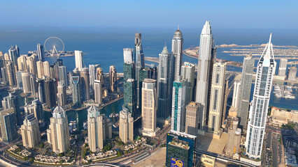 Aerial view of Dubai Marina. Dubai Marina is an affluent residential neighborhood known for The Beach at JBR.	 - 789246859