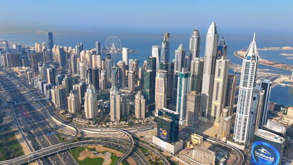 Aerial view of Dubai Marina. Dubai Marina is an affluent residential neighborhood known for The Beach at JBR.	 - 789246886