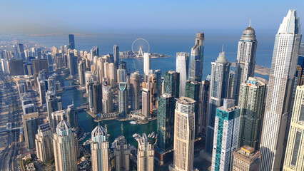 Aerial view of Dubai Marina. Dubai Marina is an affluent residential neighborhood known for The Beach at JBR.	 - 789246888