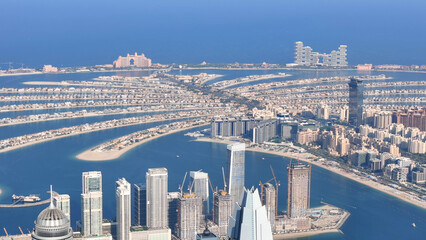 Aerial view of Dubai Marina. Dubai Marina is an affluent residential neighborhood known for The Beach at JBR.	 - 789247014