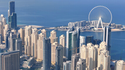 Aerial view of Dubai Marina. Dubai Marina is an affluent residential neighborhood known for The Beach at JBR.	 - 789247040
