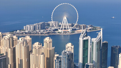 Aerial view of Dubai Marina. Dubai Marina is an affluent residential neighborhood known for The Beach at JBR.	 - 789247056