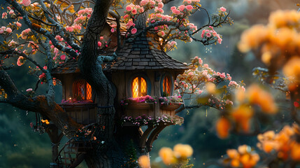 An elaborate treehouse, with a winding staircase leading up to it as the background, during a golden hour sunset - obrazy, fototapety, plakaty