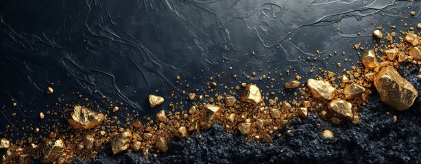 Luxurious 3D Rendering of Shiny Gold Nuggets on Elegant Black and Gold Background, Sparkling and Glittering Riches Concept