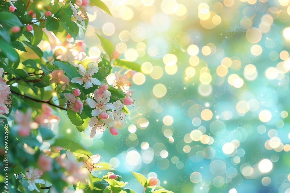 Poster blurred spring meadow with gradient sky and bokeh effect for serene nature background