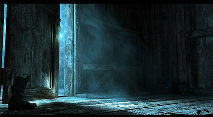 a dark old wooden building at night,of the frame a rustic door is slightly ajar letting in a shaft of pale silvery blue light, a person is sneaking out of the door, only a single foot wearing a worn 