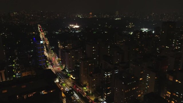 Aerial view of Avenida 9 de julho in S&atilde;o Paulo city, near jardins, drone shot, This image is perfect for projects related to events, travel, journalism, real estate