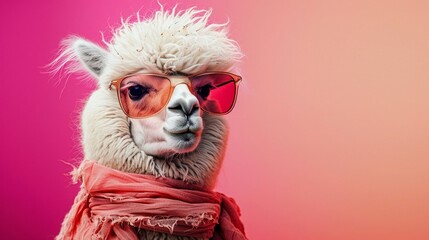 Fototapeta premium Glamorous alpaca moment In luxe sunglasses and a bright scarf, against a gentle coral pink setting