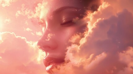Heavenly visage A young womans gaze, deep and soulful, framed by clouds, on a dawn pink setting - obrazy, fototapety, plakaty