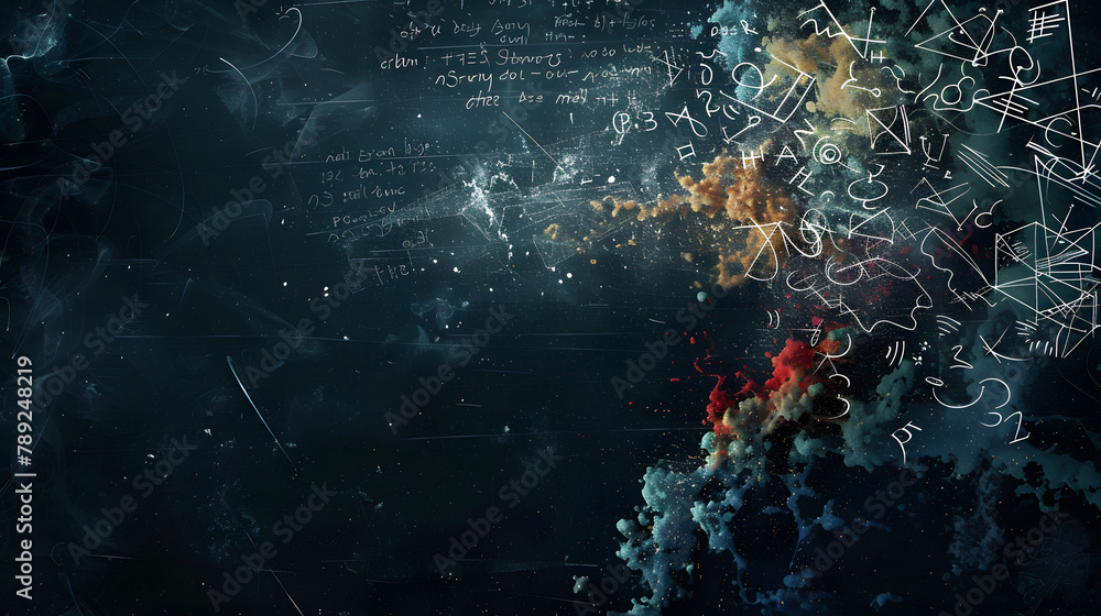 Poster a chalkboard with mathematical formulas emerging from it. symbolizing the world of mathematics. a cr