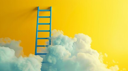 Pathway to serenity A bold, blue ladder piercing through a delicate cloud, mustard yellow hue surrounds - obrazy, fototapety, plakaty