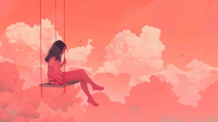 Reflective heights Amidst clouds, a woman sits, swinging, lost in thought, against a gentle coral pink sky - obrazy, fototapety, plakaty