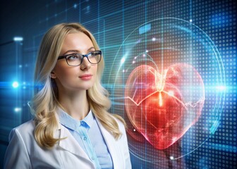 Medicine a young beautiful girl is a cardiologist with glasses in an office with a stethoscope. Red numeric codes in the form of a heart rhythm on a virtual screen. Digital technologies of the future.