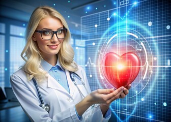 Medicine a young beautiful girl is a cardiologist with glasses in an office with a stethoscope. Red numeric codes in the form of a heart rhythm on a virtual screen. Digital technologies of the future.