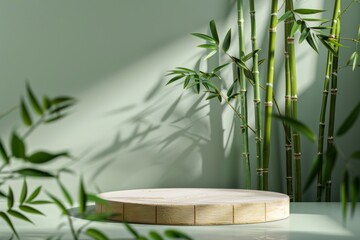Bamboo Product Display Podium For Product Present On A Green Background, Bamboo Trees