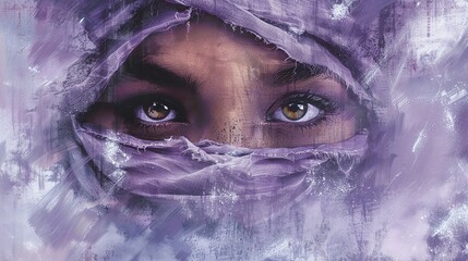 Seraphic portrait Expressive eyes of a young woman, veiled in soft clouds on a muted lavender canvas - obrazy, fototapety, plakaty