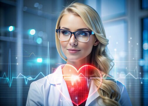 Medicine a young beautiful girl is a cardiologist with glasses in an office with a stethoscope. Red numeric codes in the form of a heart rhythm on a virtual screen. Digital technologies of the future.