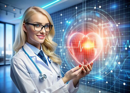 Medicine a young beautiful girl is a cardiologist with glasses in an office with a stethoscope. Red numeric codes in the form of a heart rhythm on a virtual screen. Digital technologies of the future.