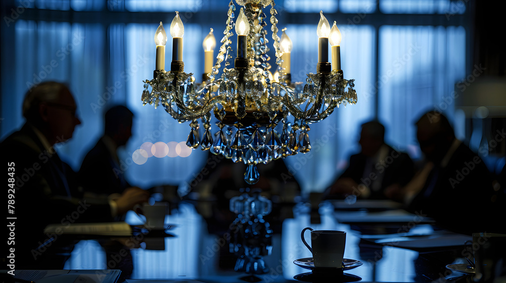 Poster a chandelier sparkling vividly in the forefront. surrounded by executives sitting around a boardroom