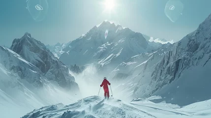 Fotobehang Thrilling ski adventure Skier in red jacket gliding down snowy mountainside © RECARTFRAME CH