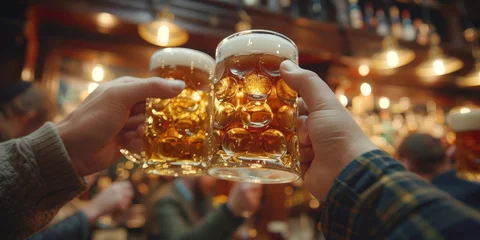 Foto op Canvas Closeup of hands toasting beer glasses in bar with friends during evening party, celebrating and having fun together,, people cheering, cheers, happy moment, nightclub,  © Nice Seven