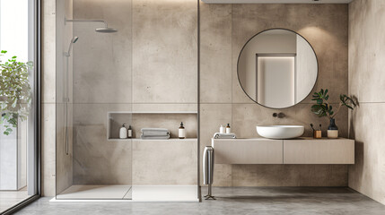 Modern bathroom interior with beige and white walls 