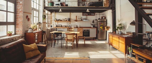 Obraz na płótnie Canvas Loft space with dining zone and kitchen annex