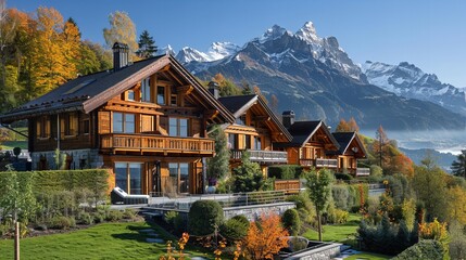 Modern wooden house with mountain view and autumn forest in the background