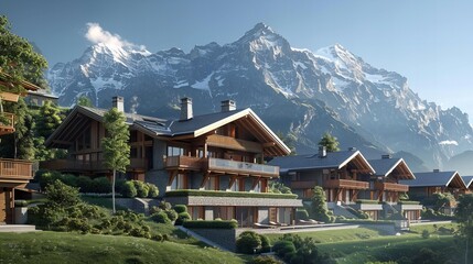 Modern mountain chalets with stunning Matterhorn views and private pools - obrazy, fototapety, plakaty