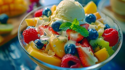 topping to bowl of fruit salad with icecream
