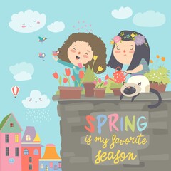 Cute girls standing on a balcony holding watering can in her hand and watering flowers in a pot - obrazy, fototapety, plakaty